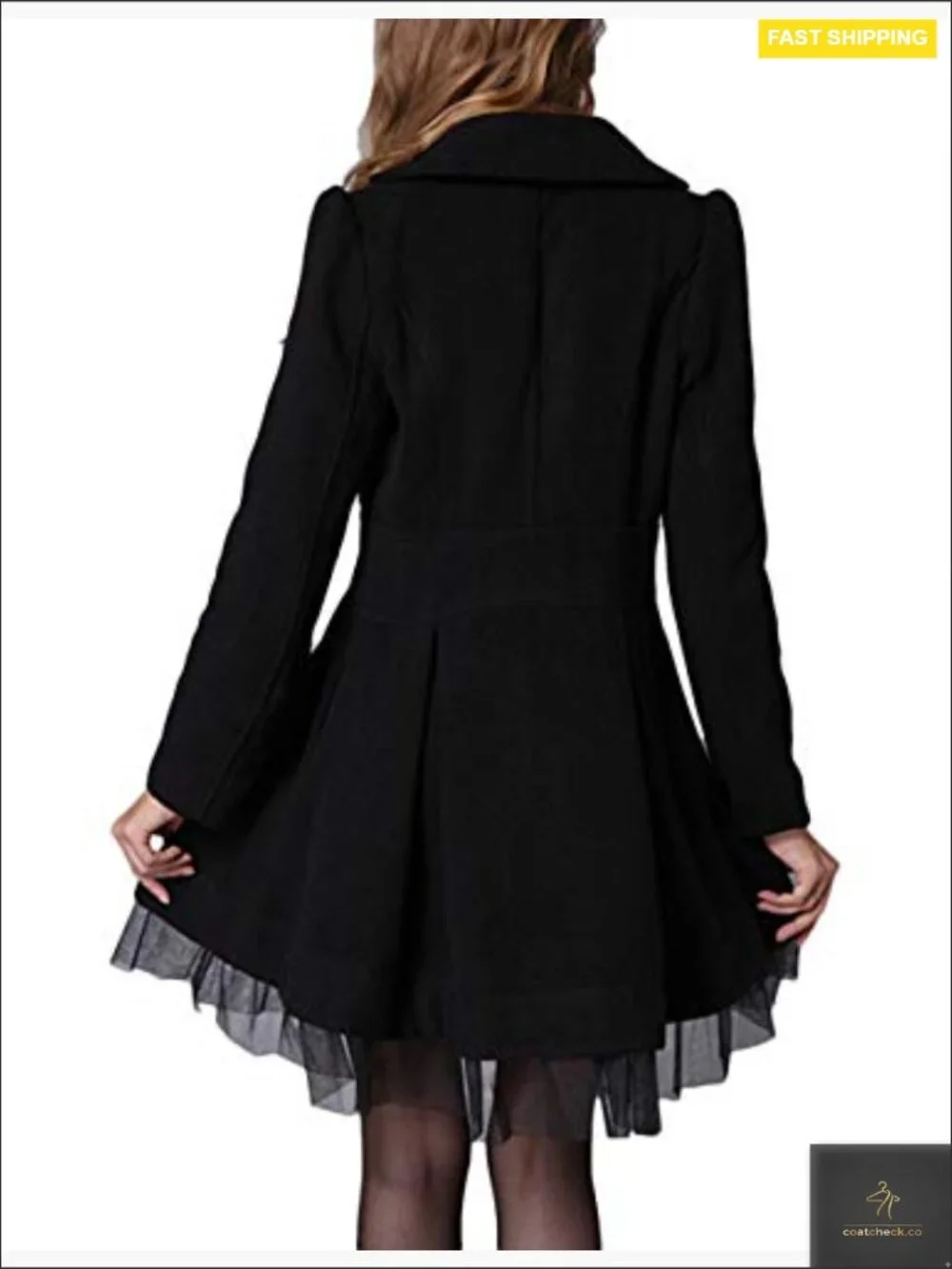 Long Wool Blend Pea Coat Double Breasted Sheer Mesh Hem Elegant Trench